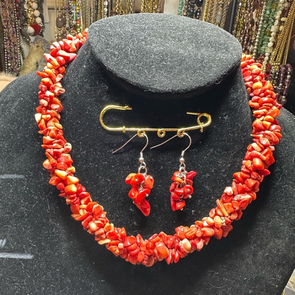 Jewelry - Branch Coral Chip Necklace With Matching Earrings